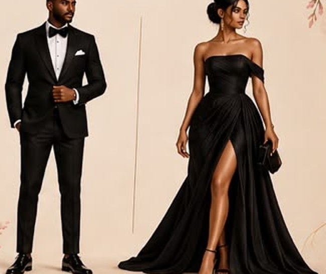 A gentleman in a black tuxedo and bow tie beside a lady in a floor-length black gown